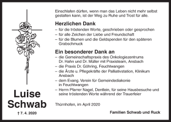 Traueranzeige von Luise Schwab von Dinkelsbühl/ Feuchtwangen