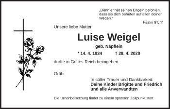 Traueranzeige von Luise Weigel von Dinkelsbühl/ Feuchtwangen