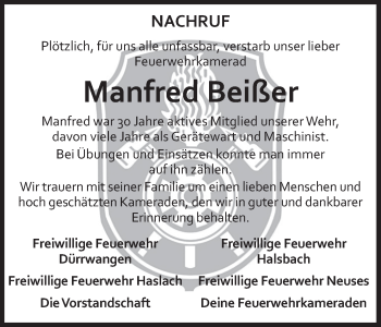 Traueranzeige von Manfred Beißer von Dinkelsbühl/ Feuchtwangen