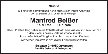 Traueranzeige von Manfred Beißer von Dinkelsbühl/ Feuchtwangen