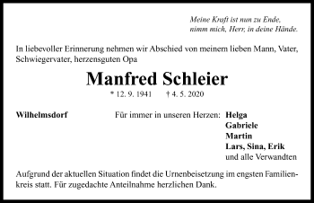 Traueranzeige von Manfred Schleier von Neustadt/ Scheinfeld/ Uffenheim