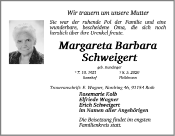 Traueranzeige von Margareta Barbara Schweigert von GE