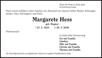 Traueranzeige von Margarete Hess von Ansbach
