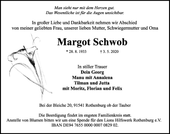 Traueranzeige von Margot Schwob von Rothenburg
