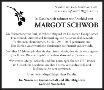 Traueranzeige von Margot Schwob von Rothenburg