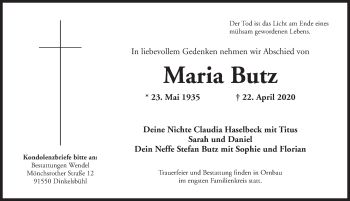 Traueranzeige von Maria Butz von Ansbach