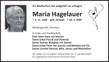 Traueranzeige von Maria Hagelauer von Ansbach