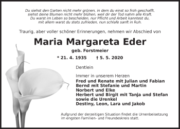 Traueranzeige von Maria Margareta Eder von Dinkelsbühl/ Feuchtwangen