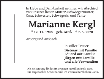 Traueranzeige von Marianne Kergl von Dinkelsbühl/ Feuchtwangen