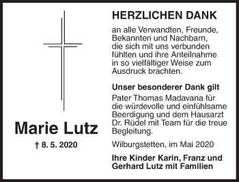 Traueranzeige von Marie Lutz von Dinkelsbühl/ Feuchtwangen