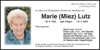 Traueranzeige von Marie Lutz von Dinkelsbühl/ Feuchtwangen