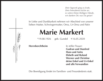 Traueranzeige von Marie Markert von Rothenburg