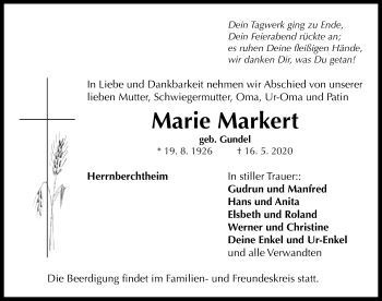 Traueranzeige von Marie Markert von Neustadt/ Scheinfeld/ Uffenheim