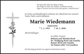 Traueranzeige von Marie Wiedemann von Dinkelsbühl/ Feuchtwangen