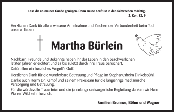 Traueranzeige von Martha Bürlein von Dinkelsbühl/ Feuchtwangen