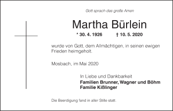 Traueranzeige von Martha Bürlein von Dinkelsbühl/ Feuchtwangen