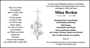 Traueranzeige von Mina Brehm von Rothenburg