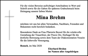 Traueranzeige von Mina Brehm von Rothenburg