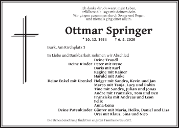 Traueranzeige von Ottmar Springer von Dinkelsbühl/ Feuchtwangen