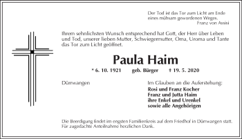 Traueranzeige von Paula Haim von Dinkelsbühl/ Feuchtwangen