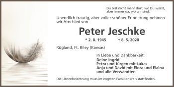 Traueranzeige von Peter Jeschke von Ansbach