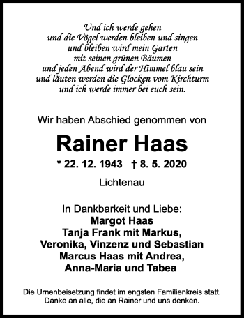 Traueranzeige von Rainer Haas von Ansbach