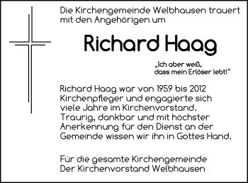 Traueranzeige von Richard Haag von Neustadt/ Scheinfeld/ Uffenheim