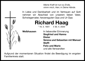 Traueranzeige von Richard Haag von Fränkische Landeszeitung