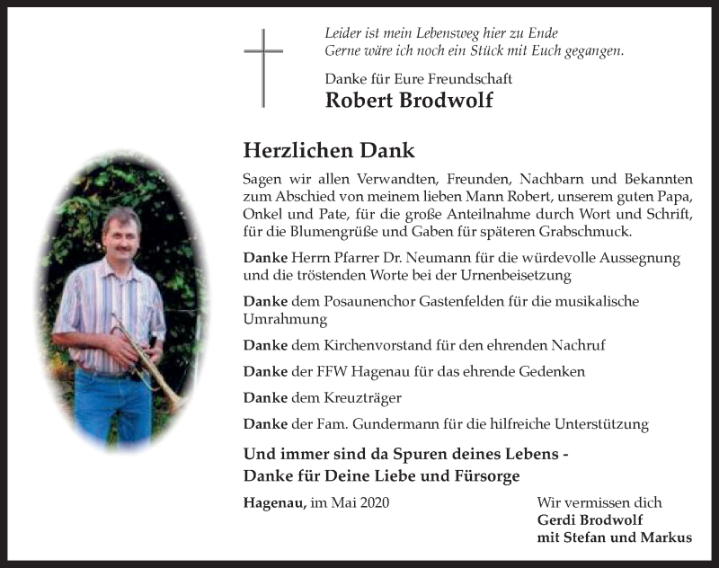  Traueranzeige für Robert Brodwolf vom 23.05.2020 aus Ansbach