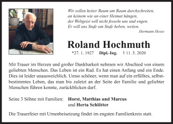 Traueranzeige von Roland Hochmuth von Neustadt/ Scheinfeld/ Uffenheim