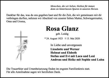 Traueranzeige von Rosa Glanz von Rothenburg