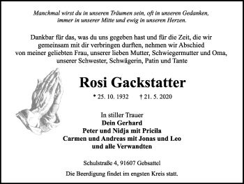 Traueranzeige von Rosi Gackstatter von Rothenburg