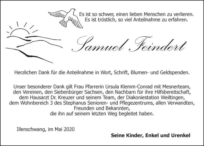  Traueranzeige für Samuel  Feindert vom 23.05.2020 aus Dinkelsbühl/ Feuchtwangen