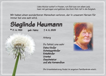 Traueranzeige von Sieglinde Heumann von Dinkelsbühl/ Feuchtwangen