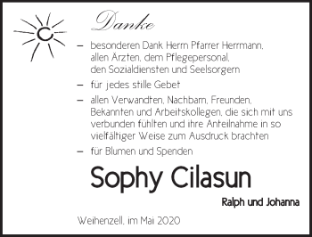 Traueranzeige von Sophy Cilasun von Ansbach