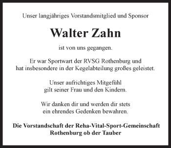 Traueranzeige von Walter Zahn von Rothenburg