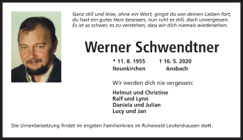Traueranzeige von Werner Schwendtner von Ansbach