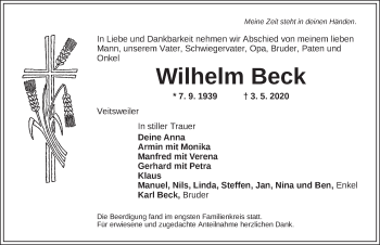 Traueranzeige von Wilhelm Beck von Dinkelsbühl/ Feuchtwangen