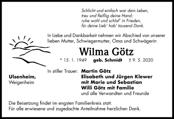 Traueranzeige von Wilma Götz von Neustadt/ Scheinfeld/ Uffenheim