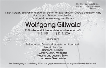 Traueranzeige von Wolfgang Gillwald von Ansbach