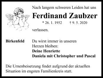 Traueranzeige von Ferdinand Zaubzer von ANSBACH