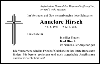 Traueranzeige von Annelore Hirsch von FLZ