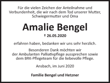 Traueranzeige von Amalie Bengel von Ansbach