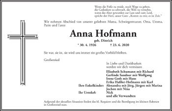 Traueranzeige von Anna Hofmann von Ansbach