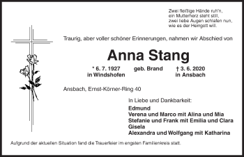 Traueranzeige von Anna Stang von Ansbach
