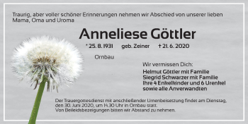 Traueranzeige von Anneliese Göttler von Ansbach