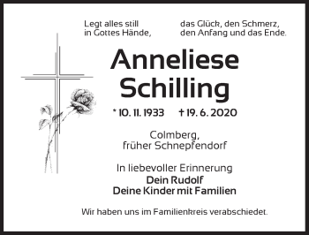 Traueranzeige von Anneliese Schilling von Ansbach