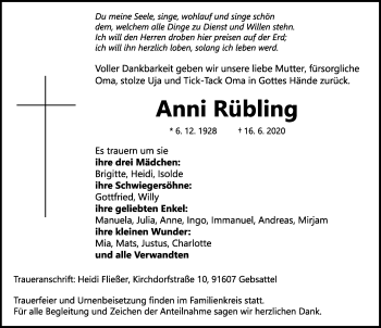 Traueranzeige von Anni Rübling von Rothenburg