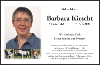 Traueranzeige von Barbara Kirscht von Ansbach