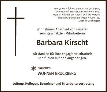 Traueranzeige von Barbara Kirscht von Ansbach